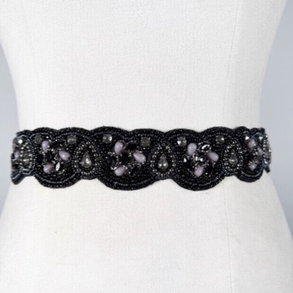 Stunning Special Occasion Statement Waist Belt Black Blue Beaded Stretch Size S main image 11